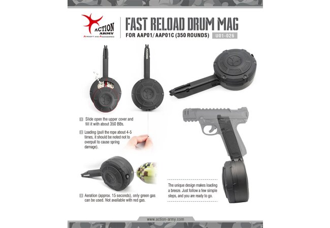 Drum Gas Magazin für AAP-01 Assassin GBB Softair Pistolen, 350 BBs