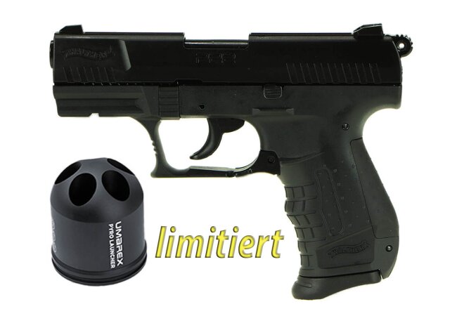 Set - Walther P22 Ready, brüniert, Schreckschusspistole cal. 9mm PAK plus Pyro Launcher